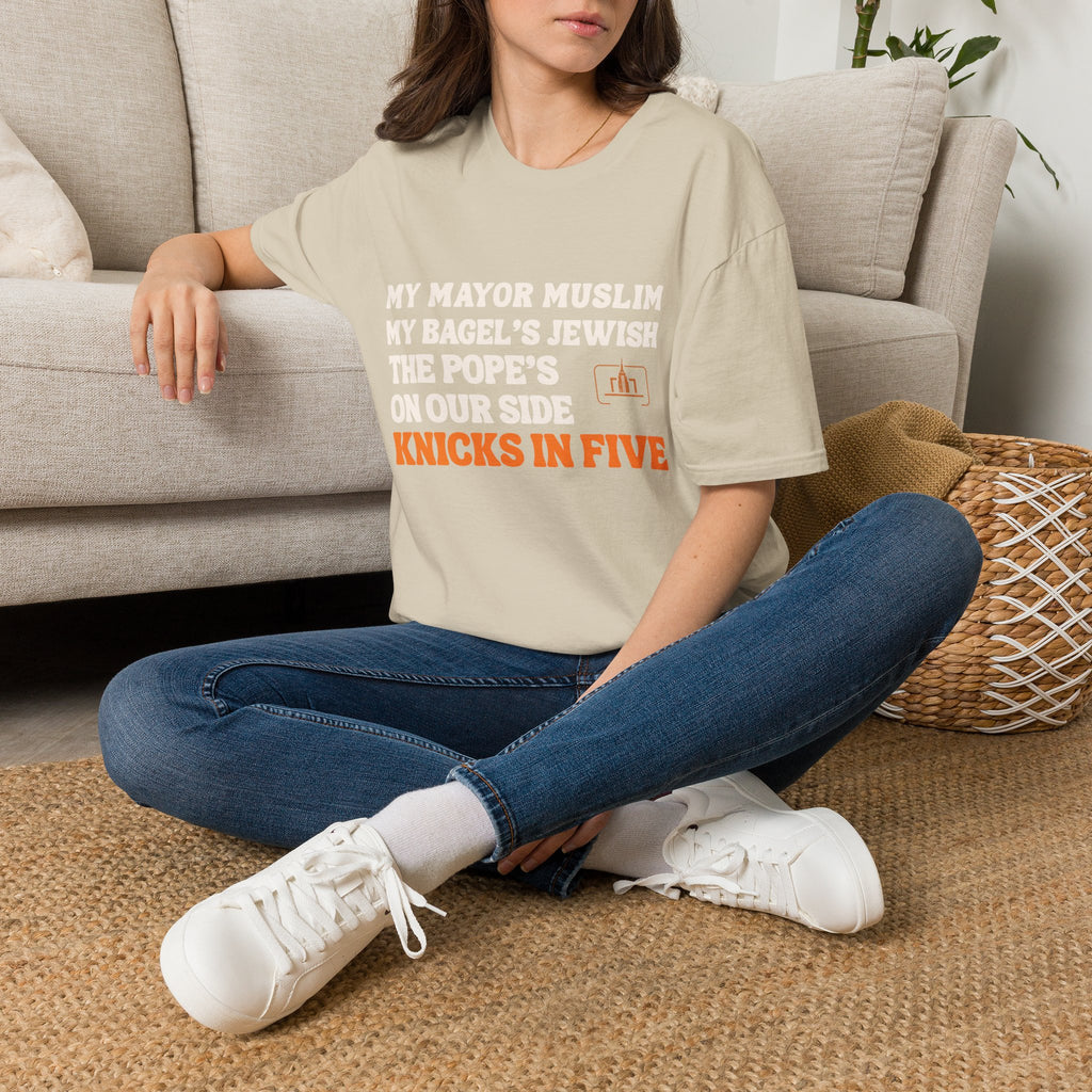 My Mayor Muslim  Knicks In Five T-Shirt | My Bagel's Jewish The Pope's On Our Side Knicks In Five T-Shirt | Knicks 2026 ChampionshipFan Tee