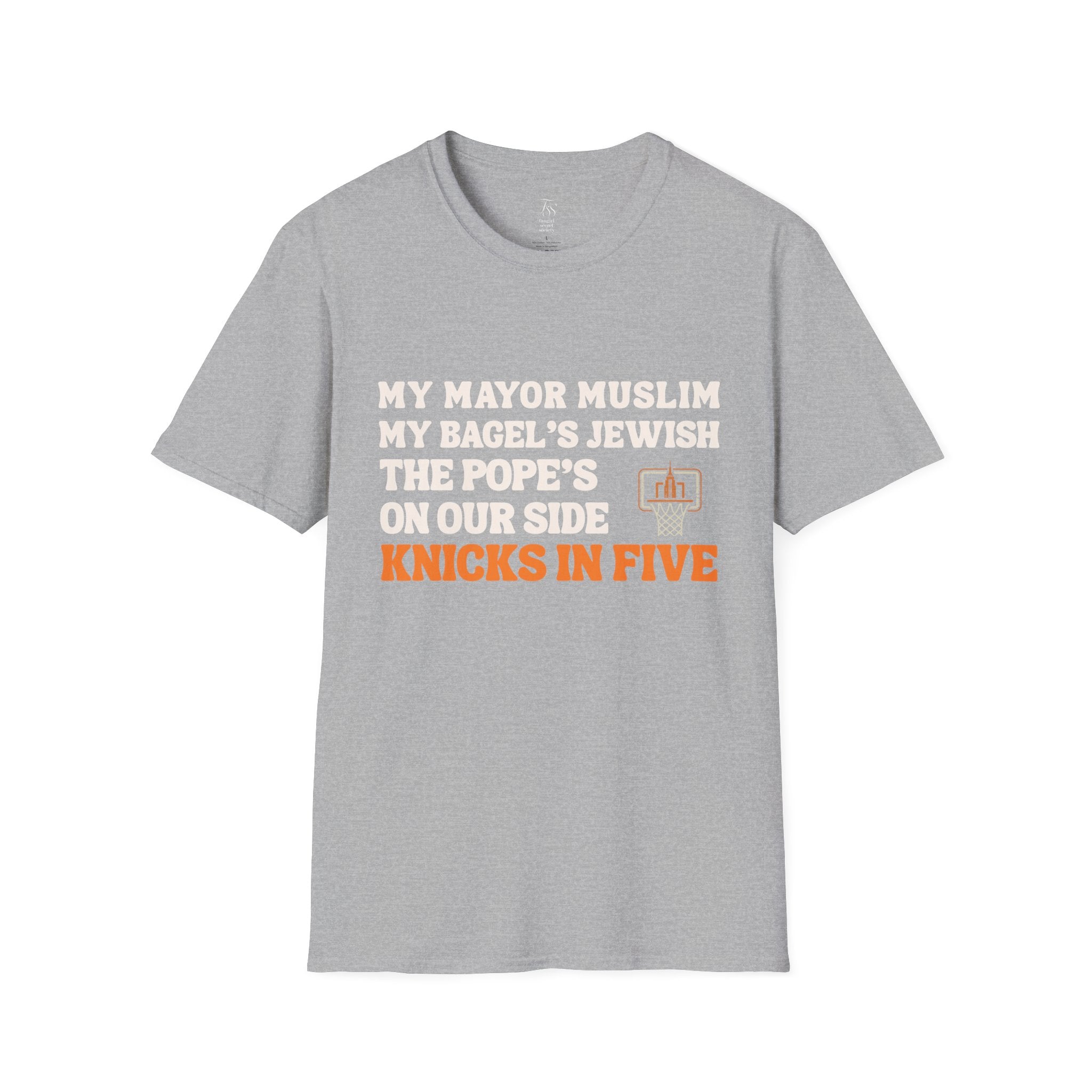 My Mayor Muslim  Knicks In Five T-Shirt | My Bagel's Jewish The Pope's On Our Side Knicks In Five T-Shirt | Knicks 2026 ChampionshipFan Tee