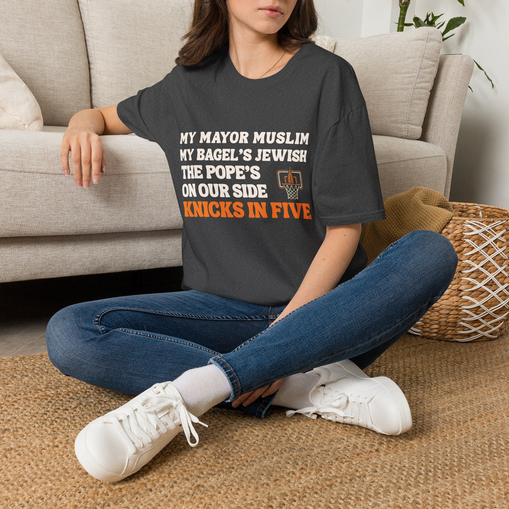 My Mayor Muslim  Knicks In Five T-Shirt | My Bagel's Jewish The Pope's On Our Side Knicks In Five T-Shirt | Knicks 2026 ChampionshipFan Tee