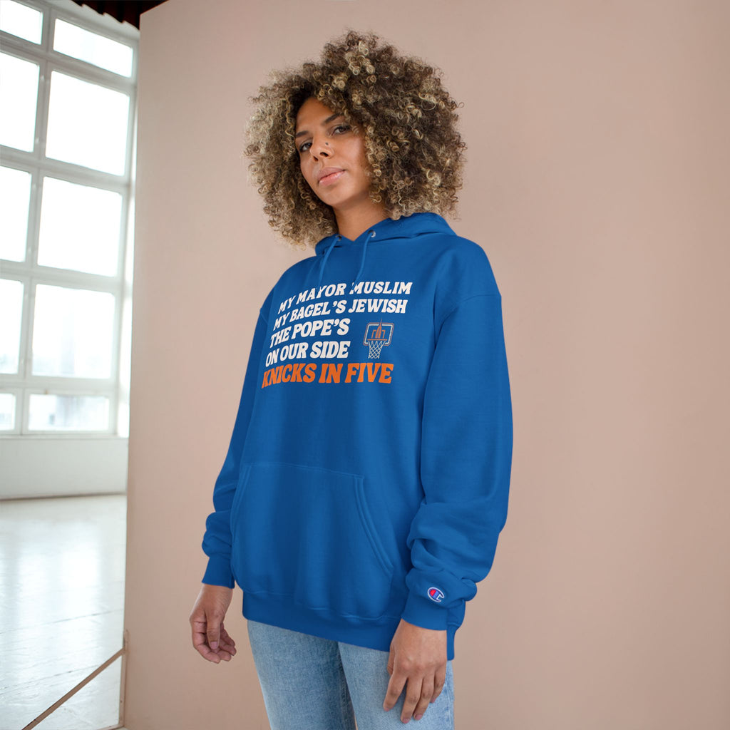 My Mayor Muslim Knicks In Five Champion Hoodie  | My Bagel's Jewish The Pope's On Our Side NY Knicks 2026 Funny Fan Pullover