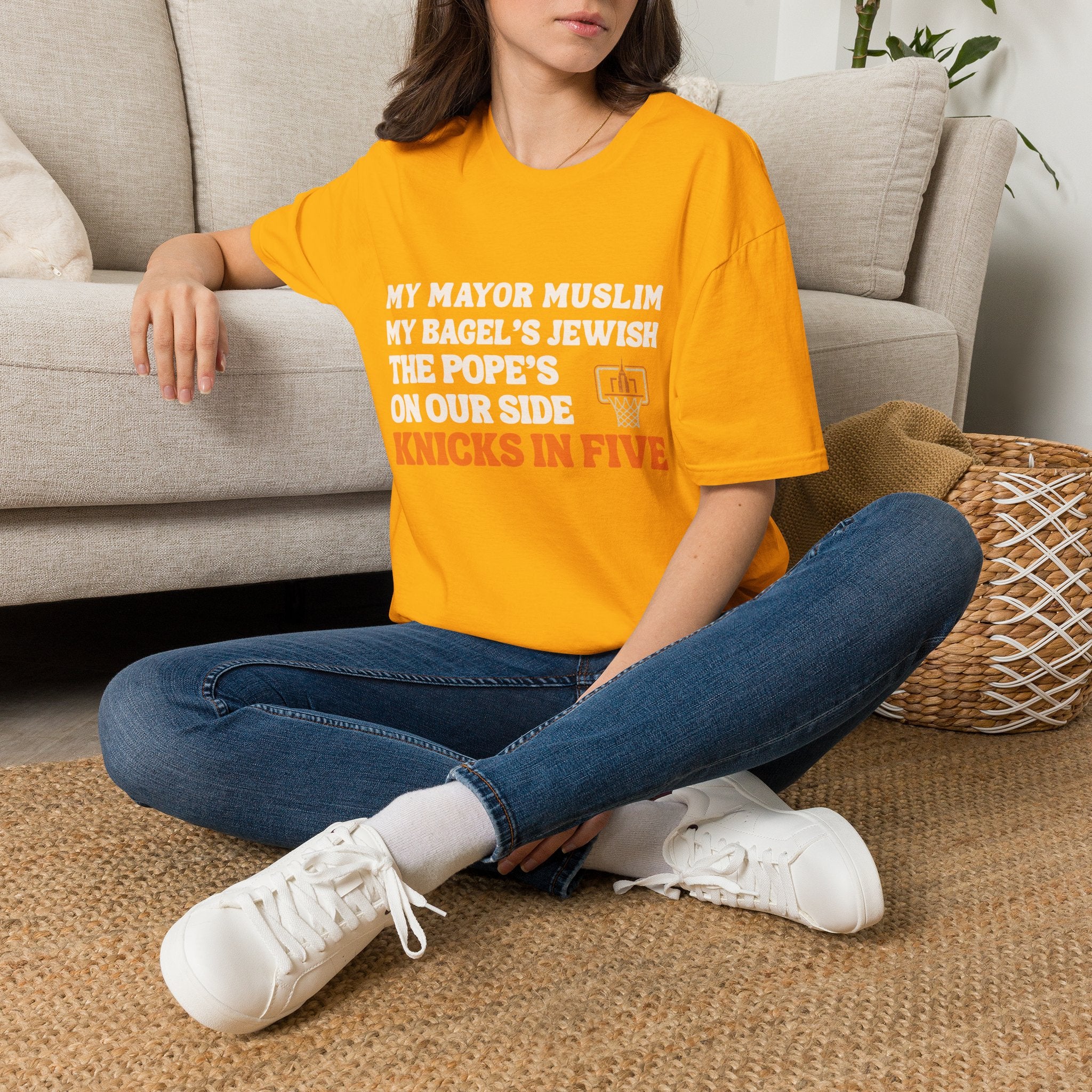 My Mayor Muslim  Knicks In Five T-Shirt | My Bagel's Jewish The Pope's On Our Side Knicks In Five T-Shirt | Knicks 2026 ChampionshipFan Tee