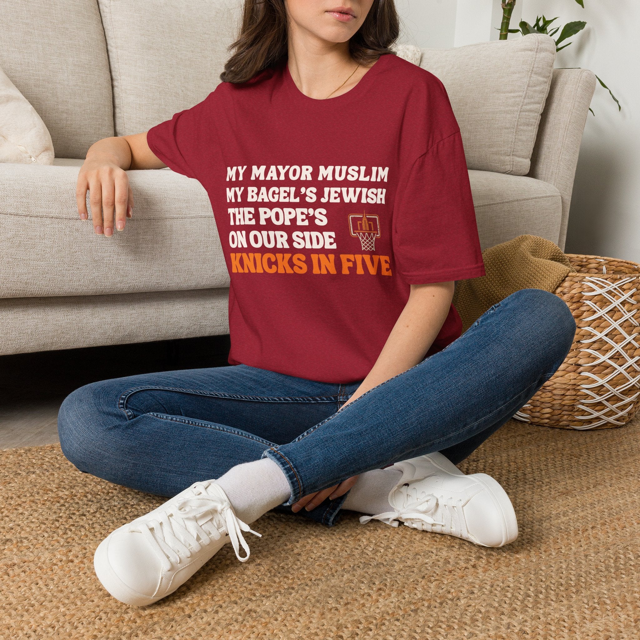 My Mayor Muslim  Knicks In Five T-Shirt | My Bagel's Jewish The Pope's On Our Side Knicks In Five T-Shirt | Knicks 2026 ChampionshipFan Tee
