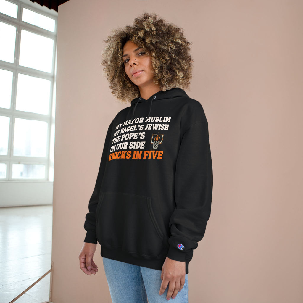 My Mayor Muslim Knicks In Five Champion Hoodie  | My Bagel's Jewish The Pope's On Our Side NY Knicks 2026 Funny Fan Pullover