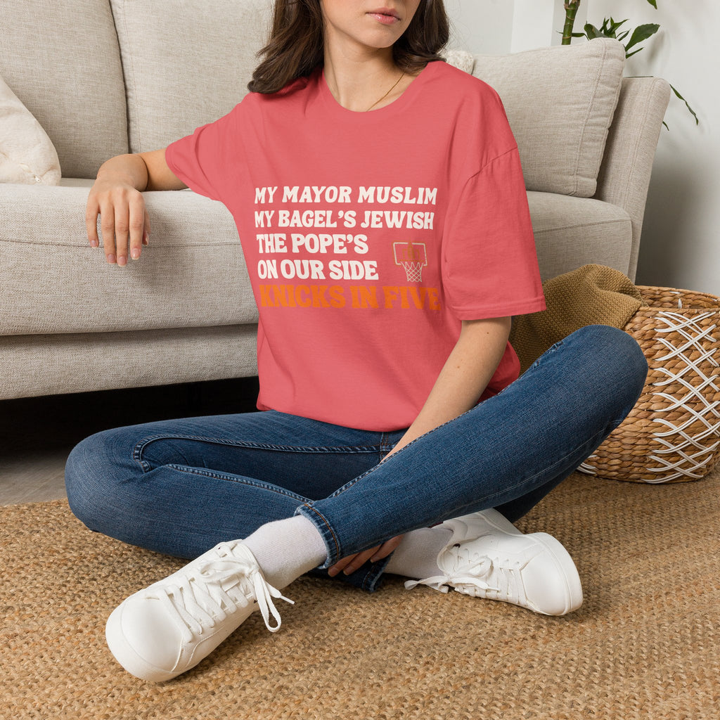 My Mayor Muslim  Knicks In Five T-Shirt | My Bagel's Jewish The Pope's On Our Side Knicks In Five T-Shirt | Knicks 2026 ChampionshipFan Tee