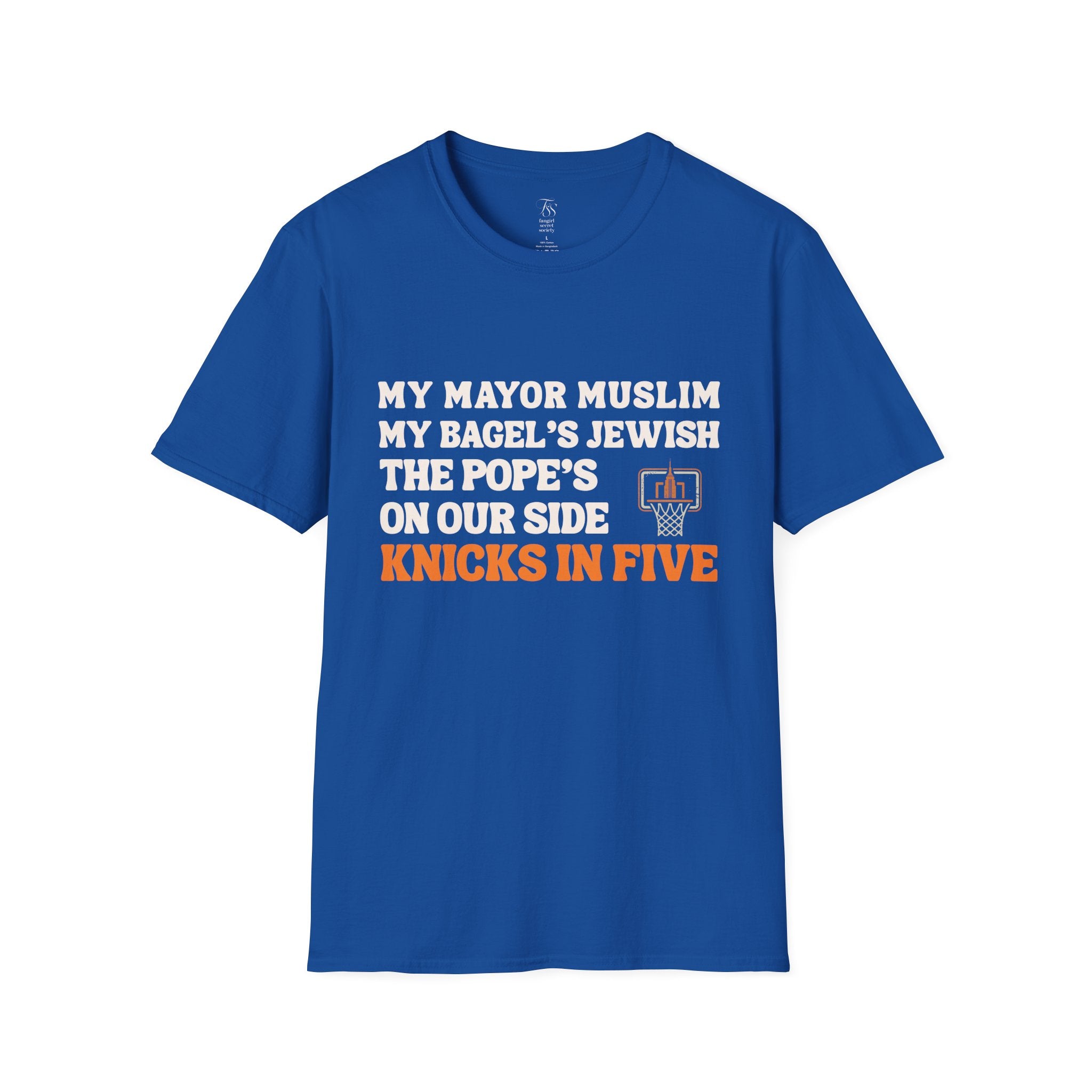 My Mayor Muslim  Knicks In Five T-Shirt | My Bagel's Jewish The Pope's On Our Side Knicks In Five T-Shirt | Knicks 2026 ChampionshipFan Tee