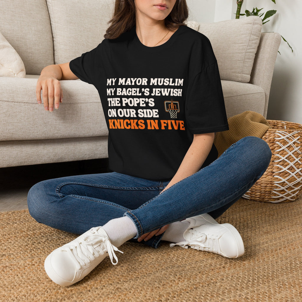 My Mayor Muslim  Knicks In Five T-Shirt | My Bagel's Jewish The Pope's On Our Side Knicks In Five T-Shirt | Knicks 2026 ChampionshipFan Tee