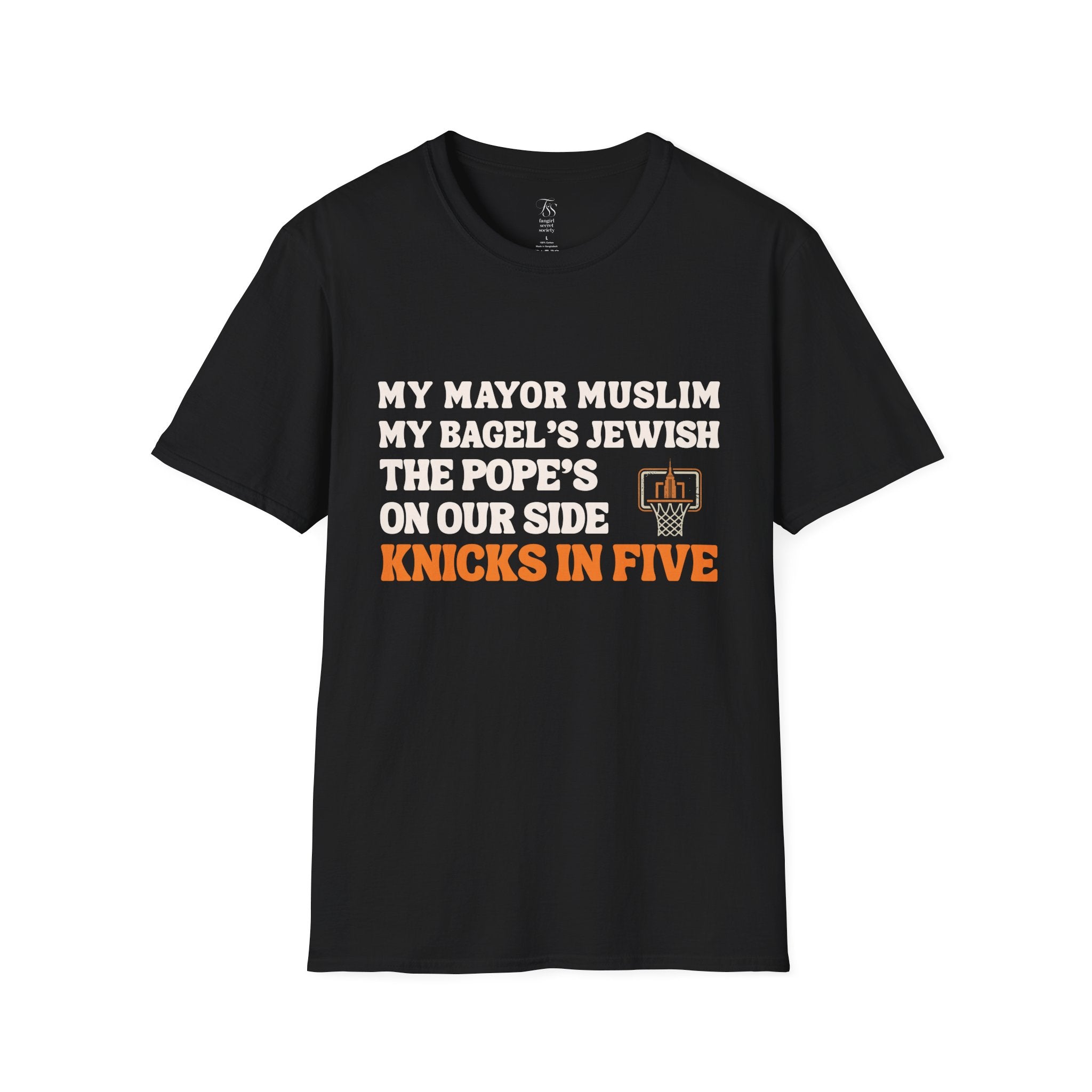 My Mayor Muslim  Knicks In Five T-Shirt | My Bagel's Jewish The Pope's On Our Side Knicks In Five T-Shirt | Knicks 2026 ChampionshipFan Tee