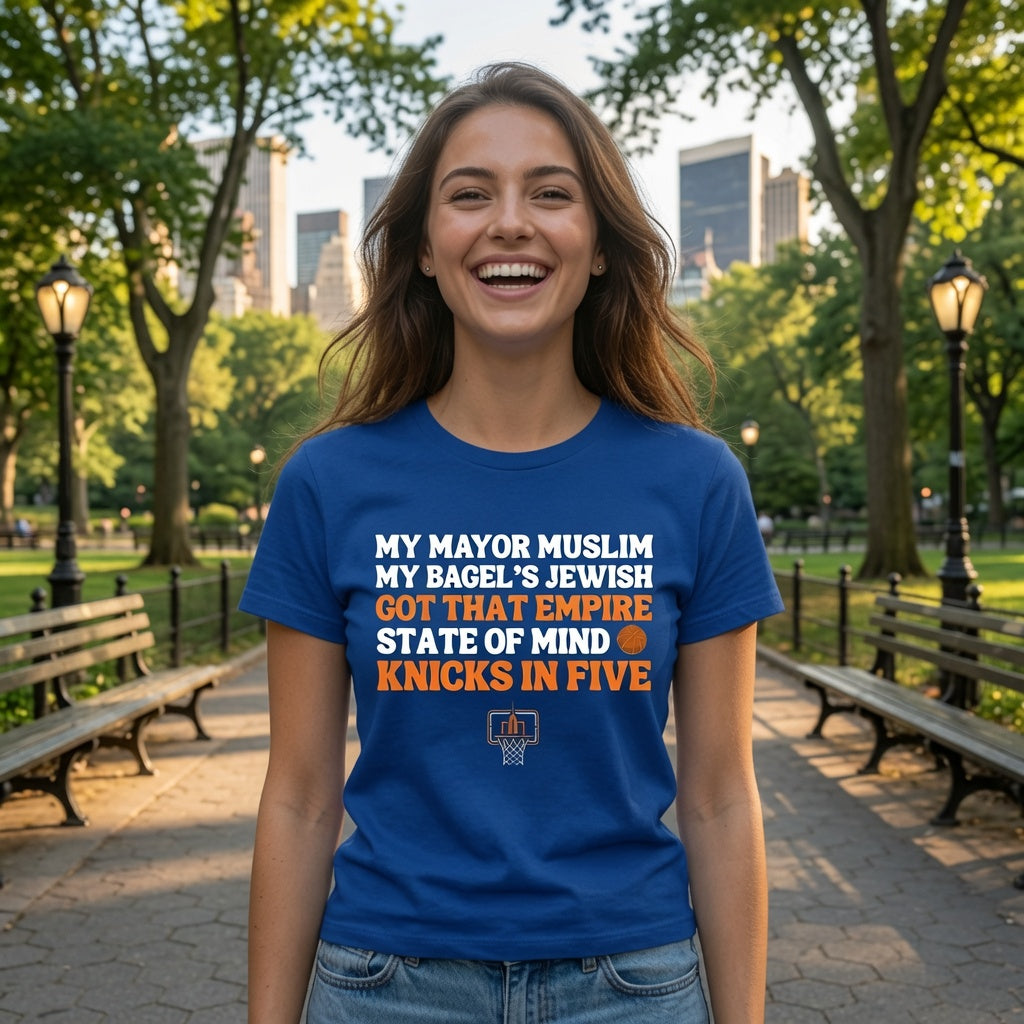 My Mayor Muslim  Knicks In Five T-Shirt | My Bagel's Jewish The Pope's On Our Side Knicks In Five T-Shirt | Knicks 2026 ChampionshipFan Tee