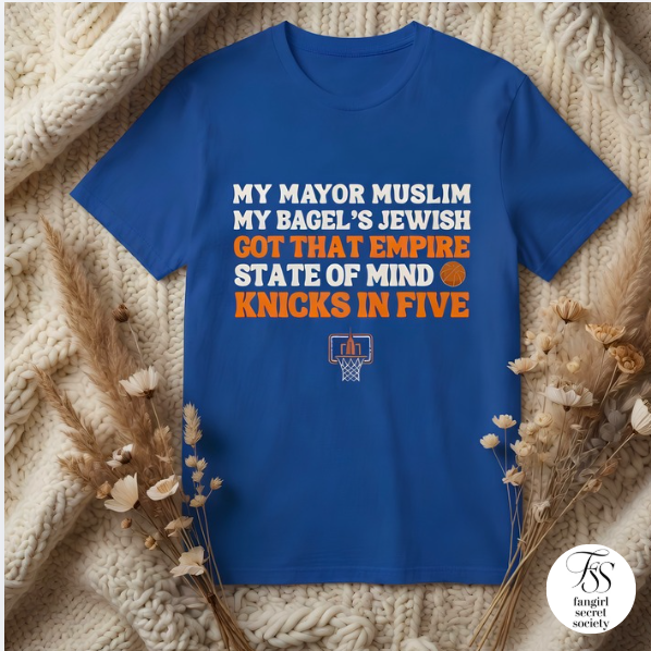 My Mayor Muslim  Knicks In Five T-Shirt | My Bagel's Jewish The Pope's On Our Side Knicks In Five T-Shirt | Knicks 2026 ChampionshipFan Tee