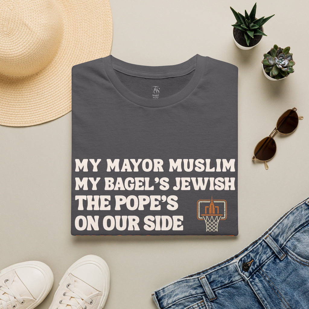 My Mayor Muslim  Knicks In Five T-Shirt | My Bagel's Jewish The Pope's On Our Side Knicks In Five T-Shirt | Knicks 2026 ChampionshipFan Tee