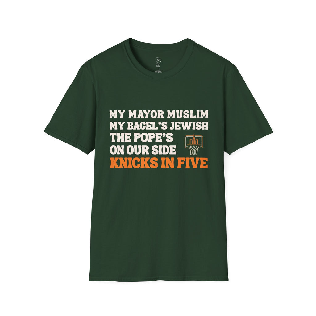My Mayor Muslim  Knicks In Five T-Shirt | My Bagel's Jewish The Pope's On Our Side Knicks In Five T-Shirt | Knicks 2026 ChampionshipFan Tee