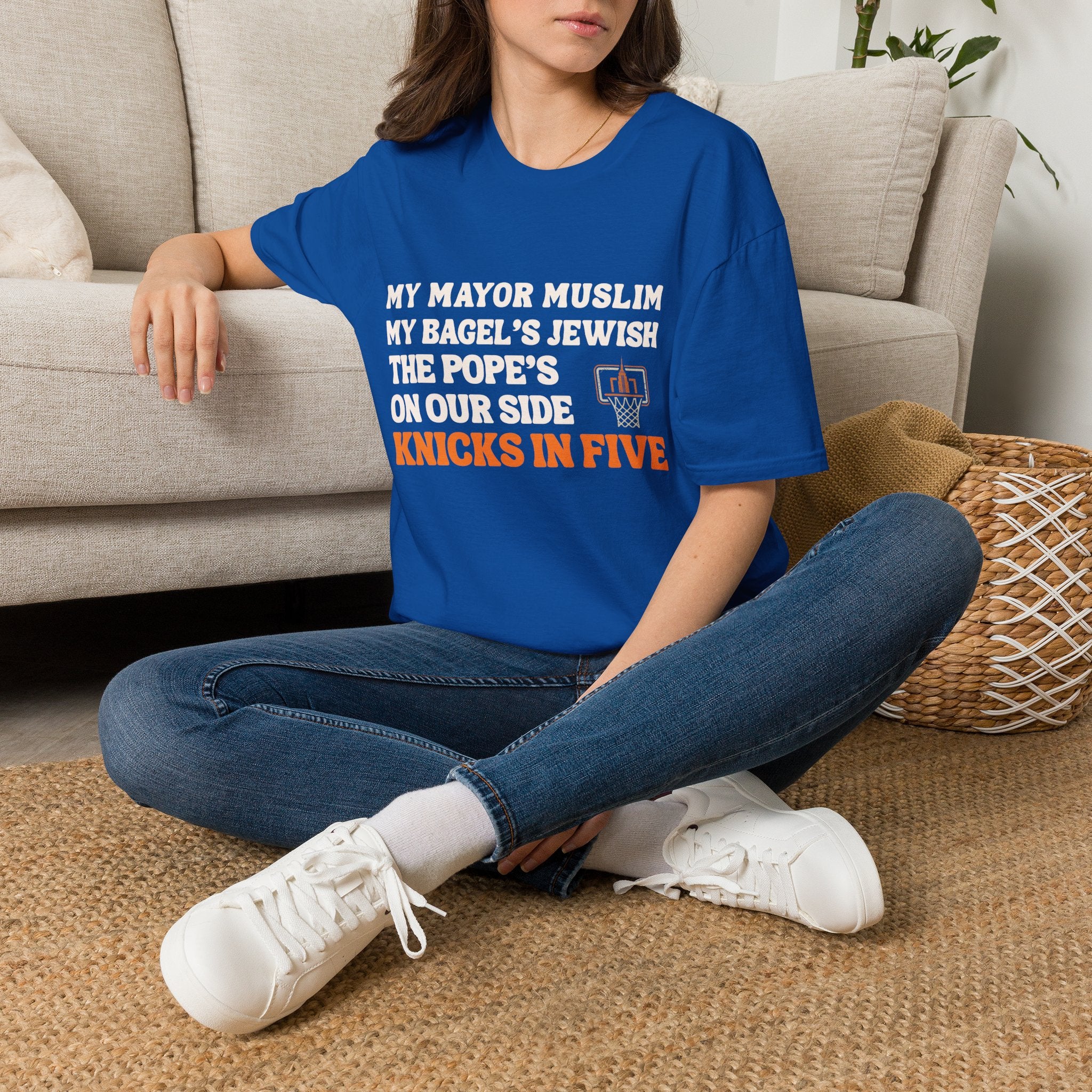 My Mayor Muslim  Knicks In Five T-Shirt | My Bagel's Jewish The Pope's On Our Side Knicks In Five T-Shirt | Knicks 2026 ChampionshipFan Tee