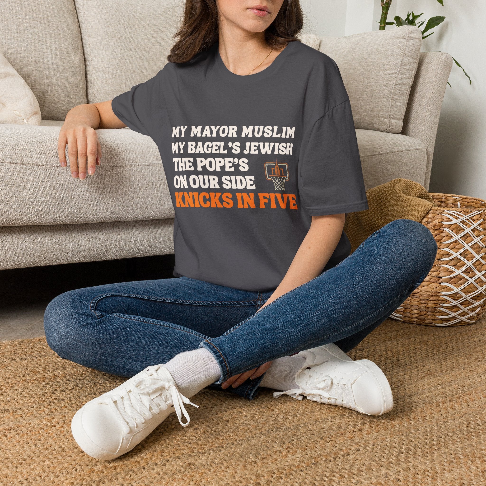 My Mayor Muslim  Knicks In Five T-Shirt | My Bagel's Jewish The Pope's On Our Side Knicks In Five T-Shirt | Knicks 2026 ChampionshipFan Tee