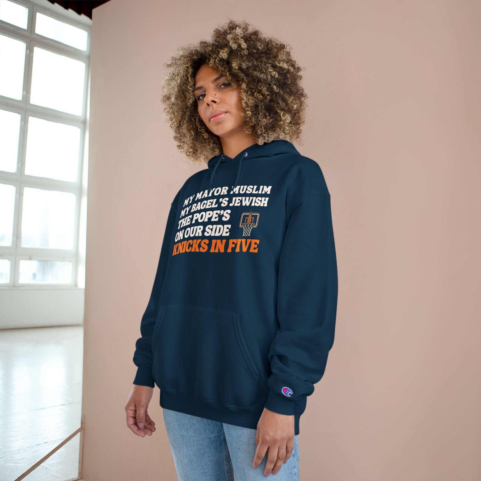 My Mayor Muslim Knicks In Five Champion Hoodie  | My Bagel's Jewish The Pope's On Our Side NY Knicks 2026 Funny Fan Pullover
