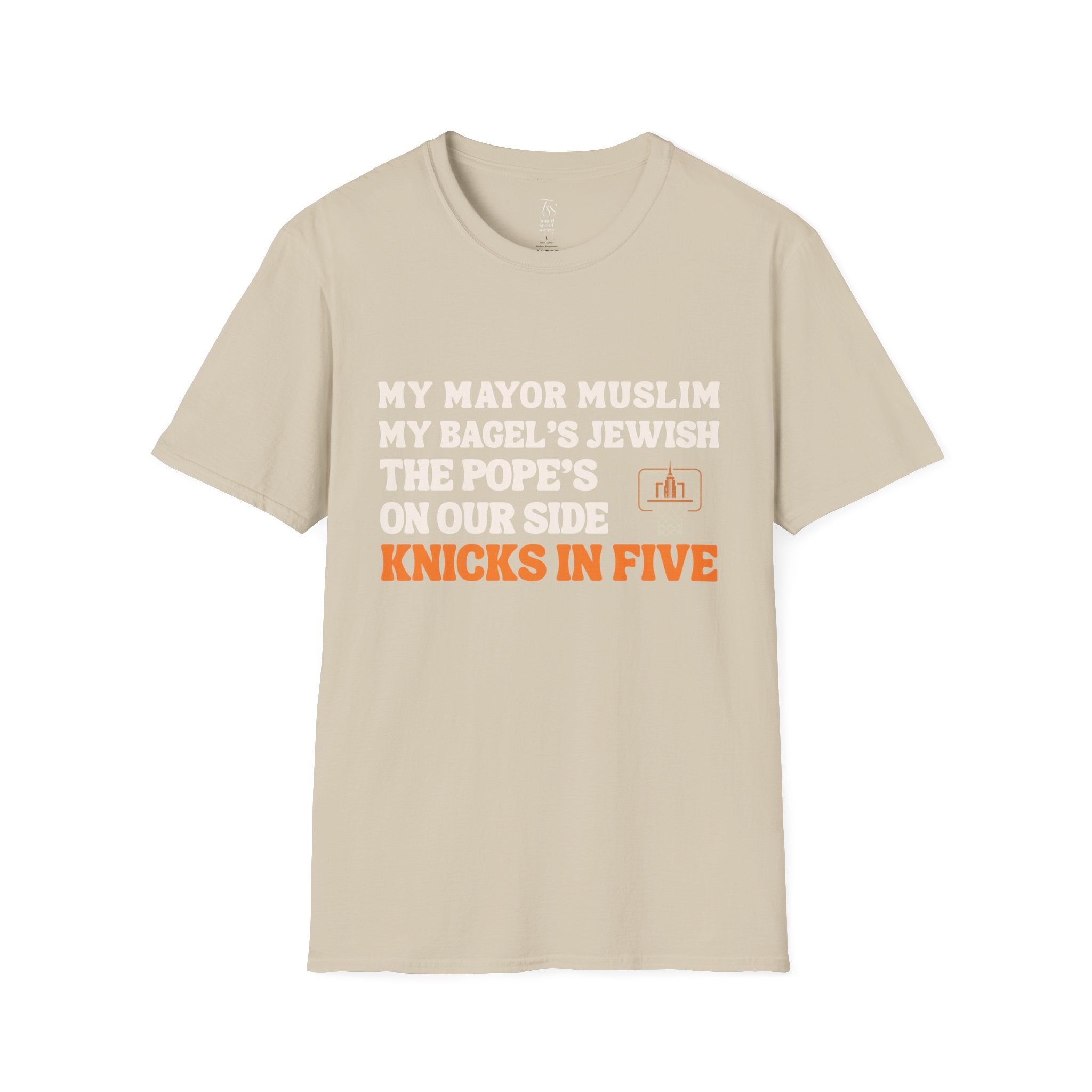 My Mayor Muslim  Knicks In Five T-Shirt | My Bagel's Jewish The Pope's On Our Side Knicks In Five T-Shirt | Knicks 2026 ChampionshipFan Tee