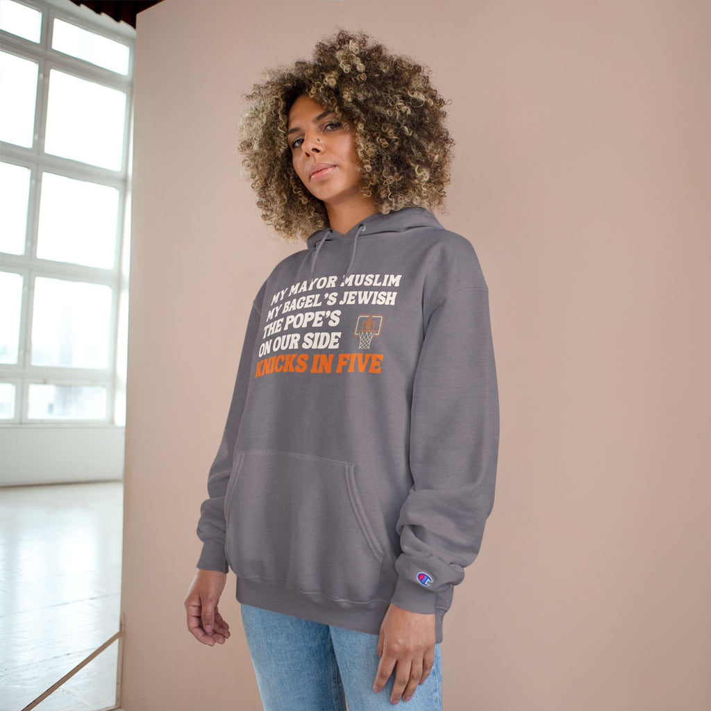 My Mayor Muslim Knicks In Five Champion Hoodie  | My Bagel's Jewish The Pope's On Our Side NY Knicks 2026 Funny Fan Pullover