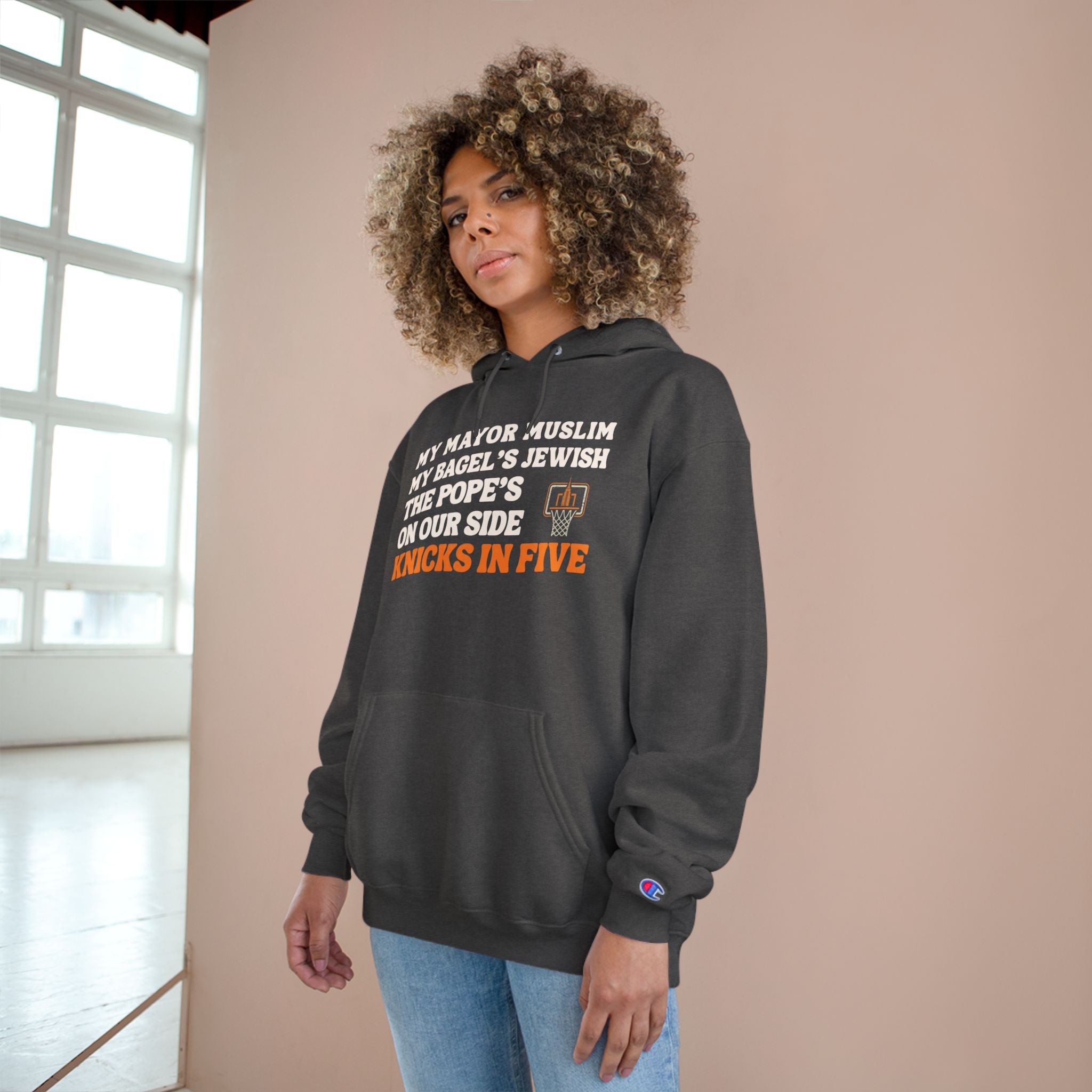 My Mayor Muslim Knicks In Five Champion Hoodie  | My Bagel's Jewish The Pope's On Our Side NY Knicks 2026 Funny Fan Pullover