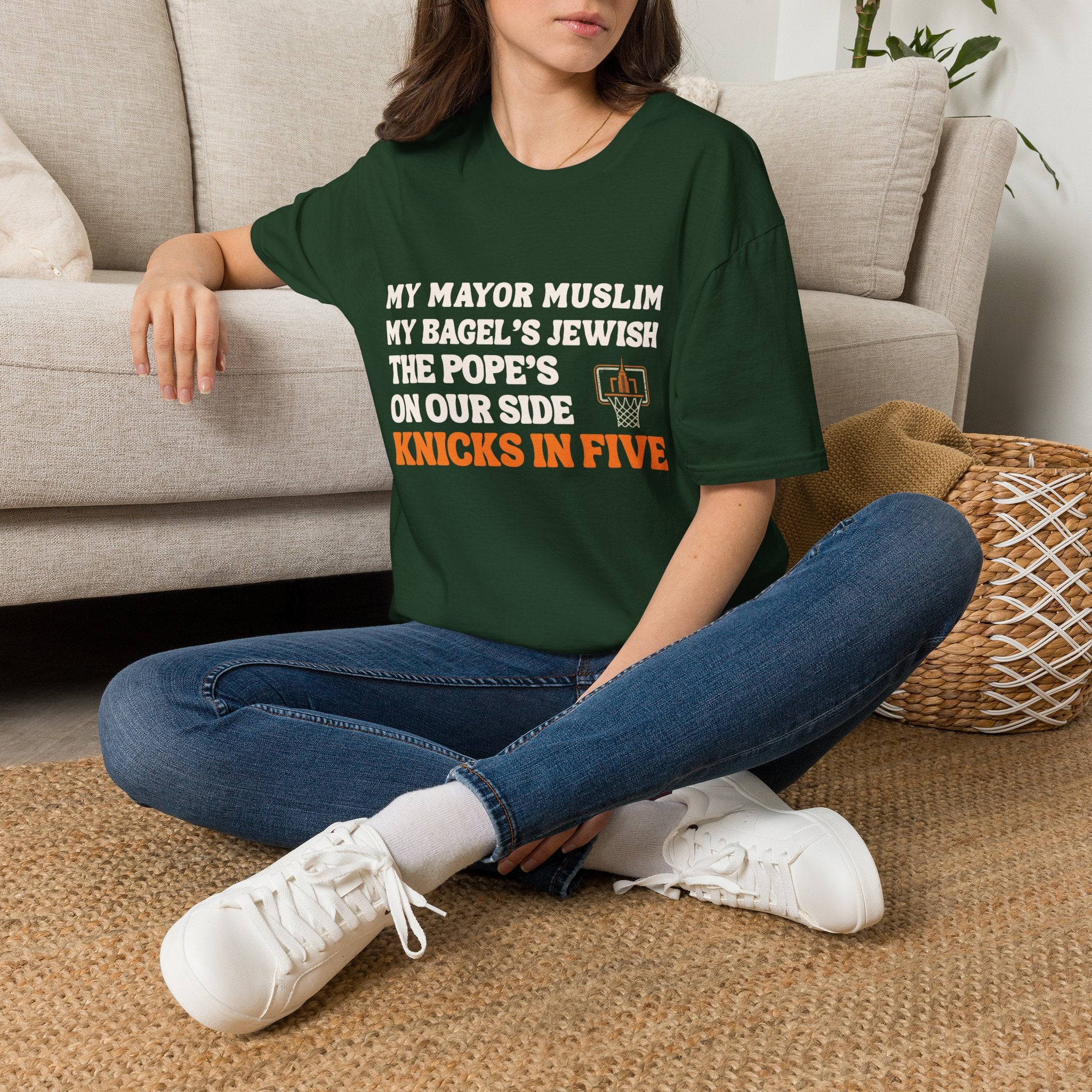My Mayor Muslim  Knicks In Five T-Shirt | My Bagel's Jewish The Pope's On Our Side Knicks In Five T-Shirt | Knicks 2026 ChampionshipFan Tee