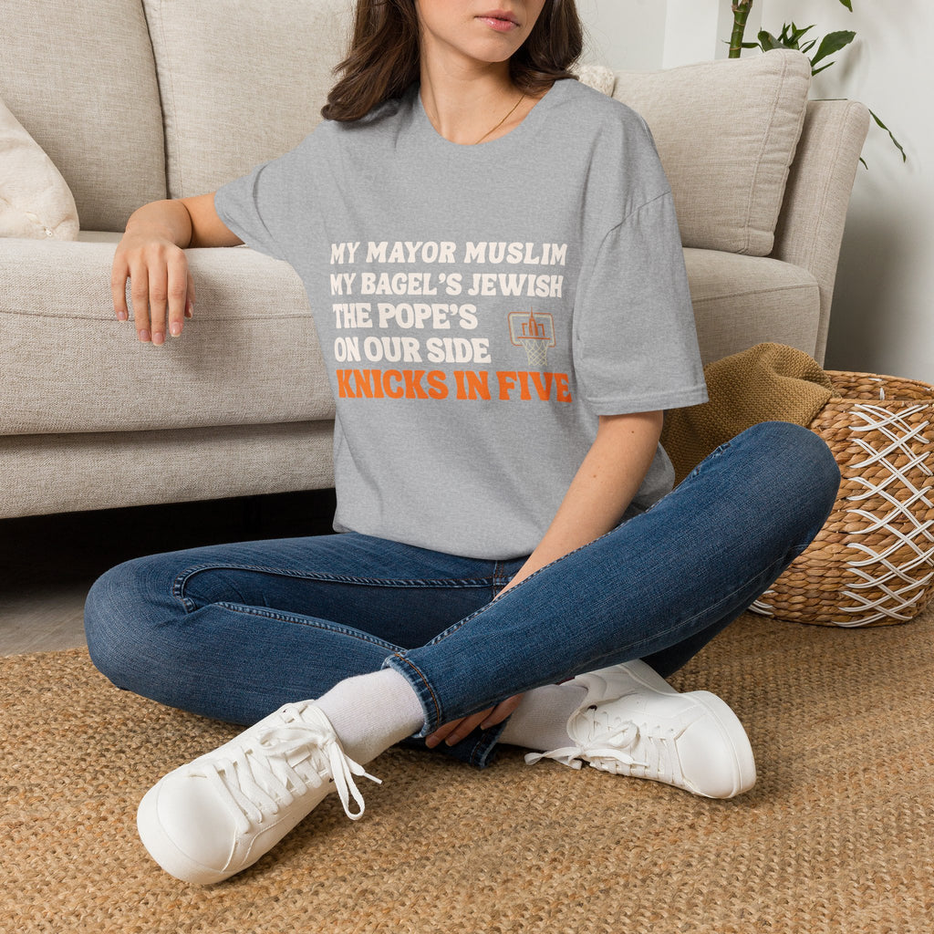 My Mayor Muslim  Knicks In Five T-Shirt | My Bagel's Jewish The Pope's On Our Side Knicks In Five T-Shirt | Knicks 2026 ChampionshipFan Tee